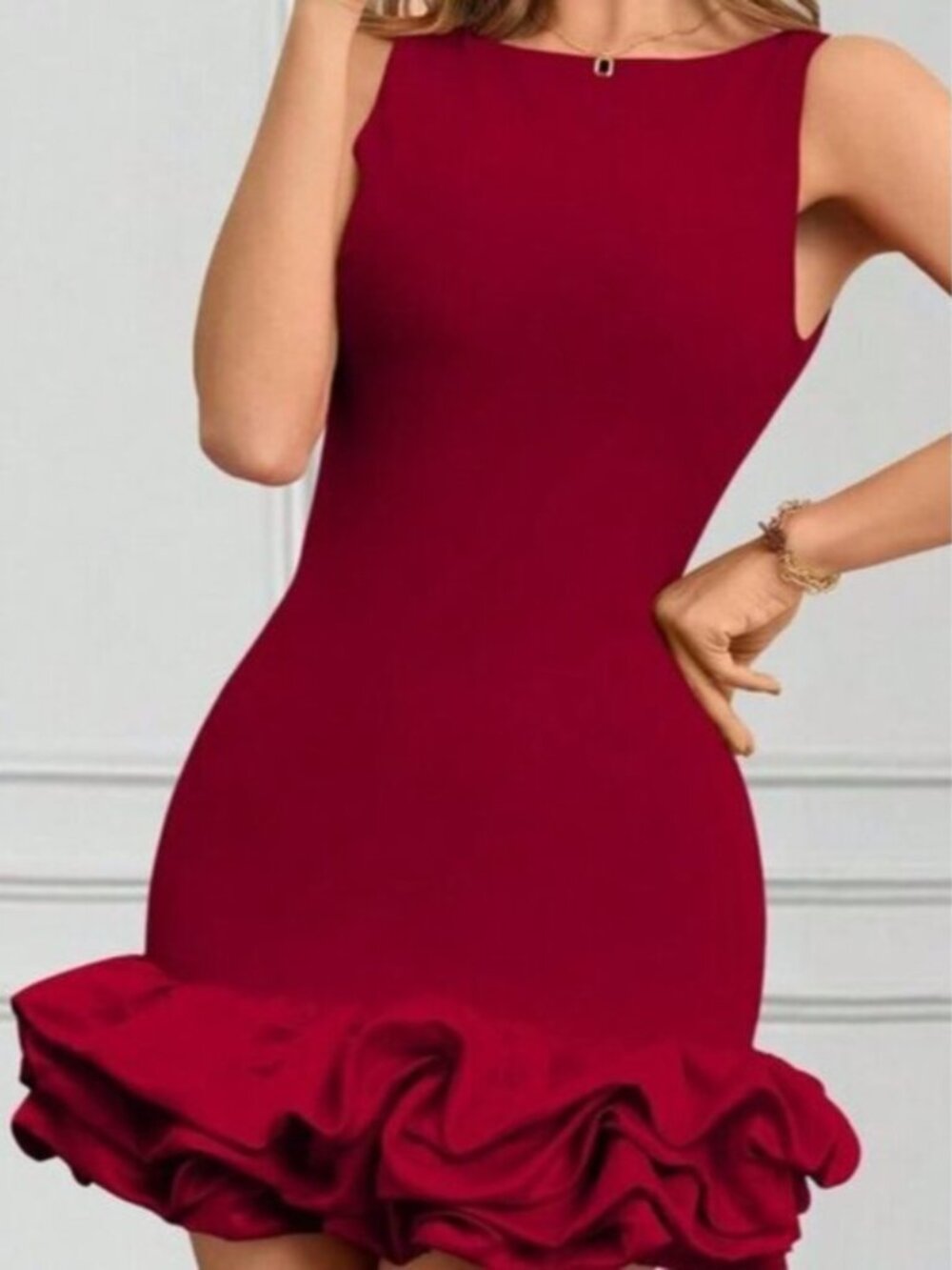 Burgundy Casual Women's Crew Neck Sleeveless Ruffled Hem Elegant Mini Dress